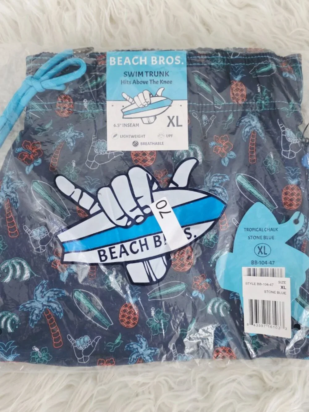 NWT Beach Bros Men's Swim Trunks Tropical Chalk Stone Blue w/Pockets